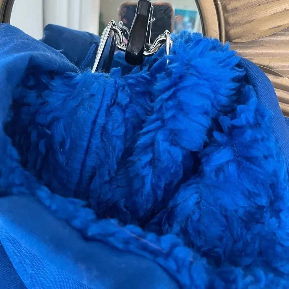 Kids Vintage 80’s Embroidered Frog Blue Hooded Fur lined Zip up Coat 12 mths